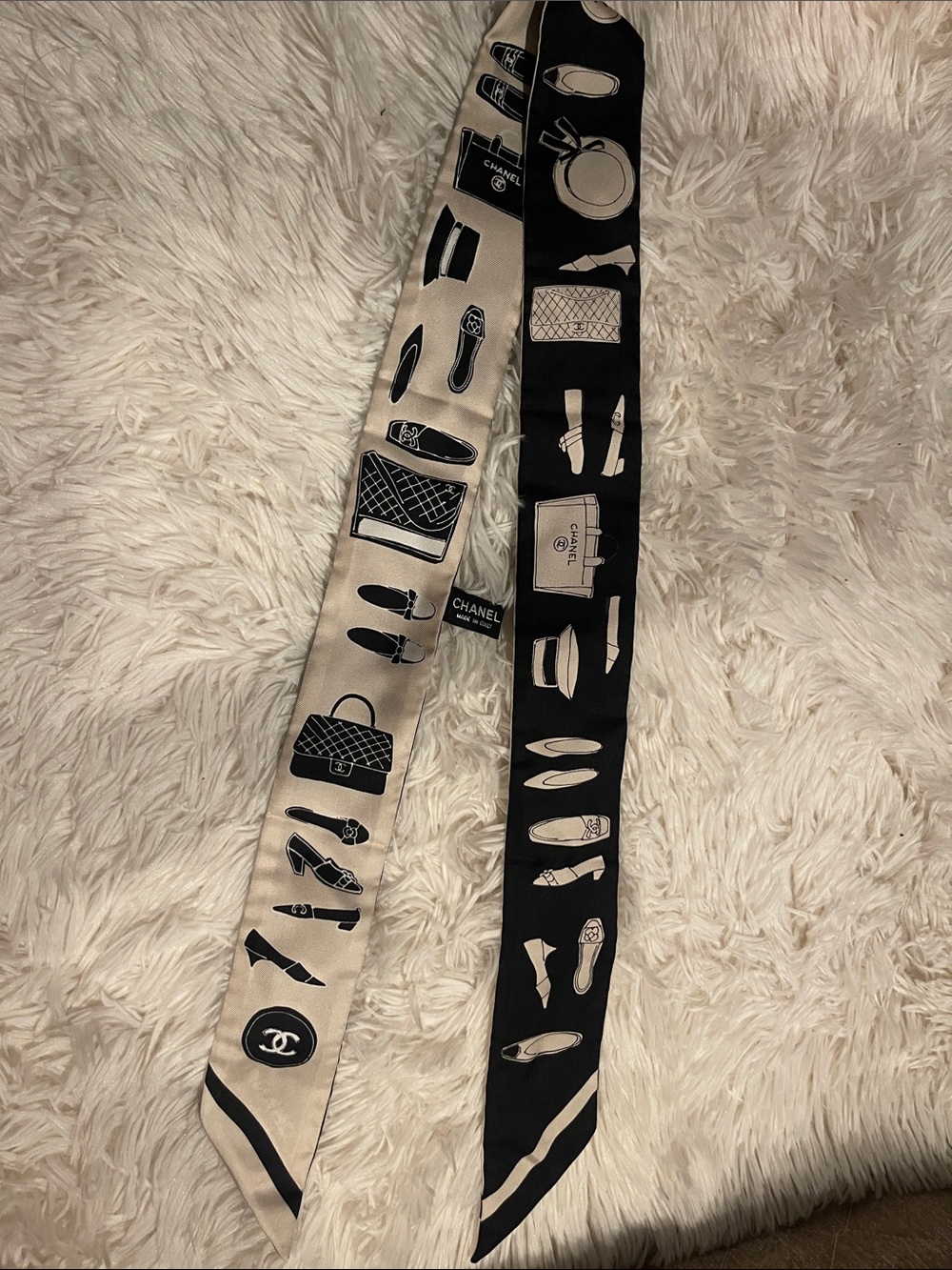CHANEL Black and Beige Silk Twilly with Fashion Icon Print